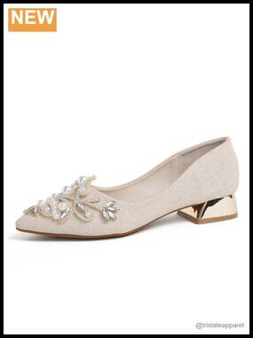Rhinestone Pearl Pointed Toe Low Heel Pumps Wedding Work Dress Shoes